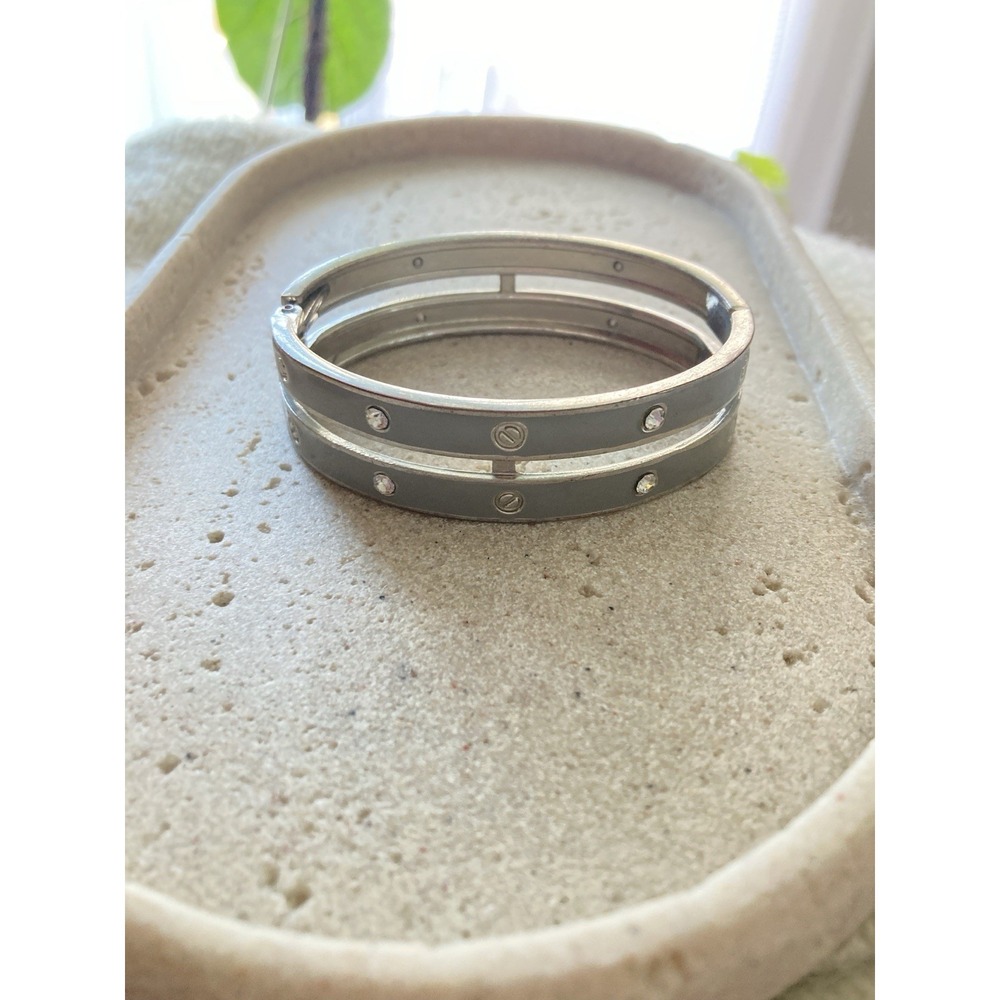 Gray Enamel Rhinestone Hinged Bangle Bracelet Silver Tone Modern Oval Shaped